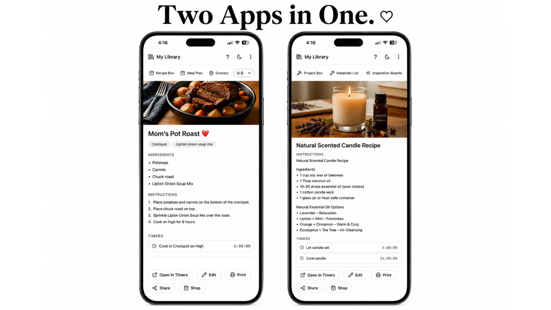 Two Apps in One showing the Cooking Timers Recipe Library and DIY Project Library on two phones.